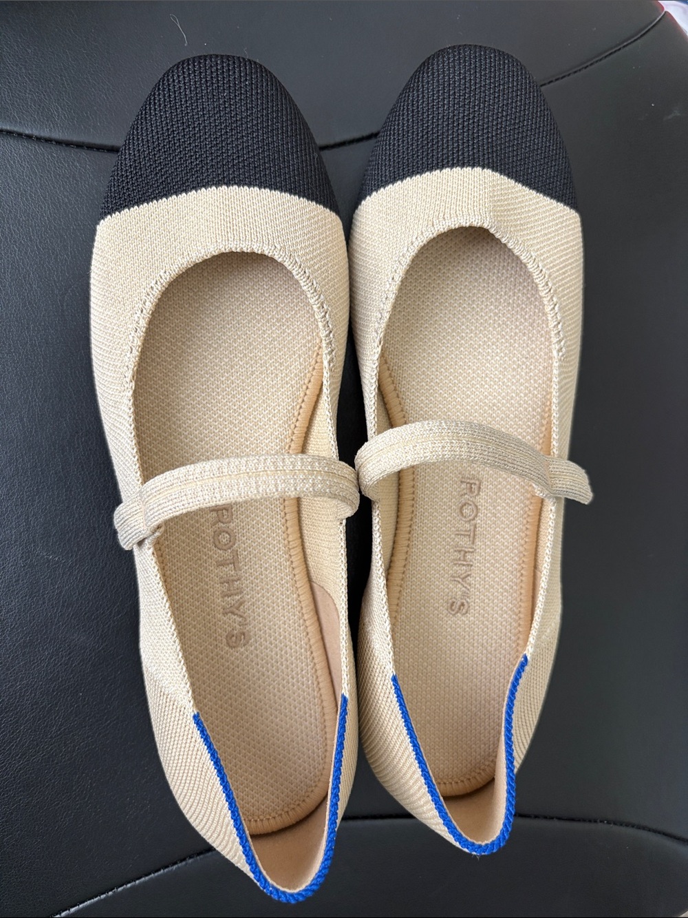 Rothy's Beige Mary Jane Flats with Black Toe and Blue Trim Size 7